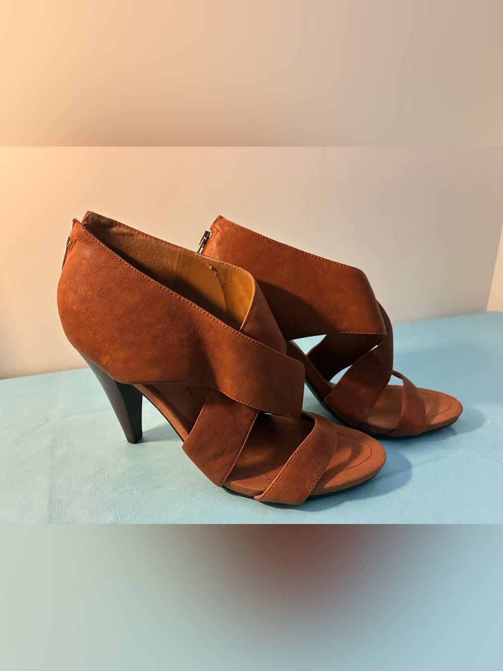 Marc Fisher Brown Leather  Crisscross Open-Toe Heels Size 9.5